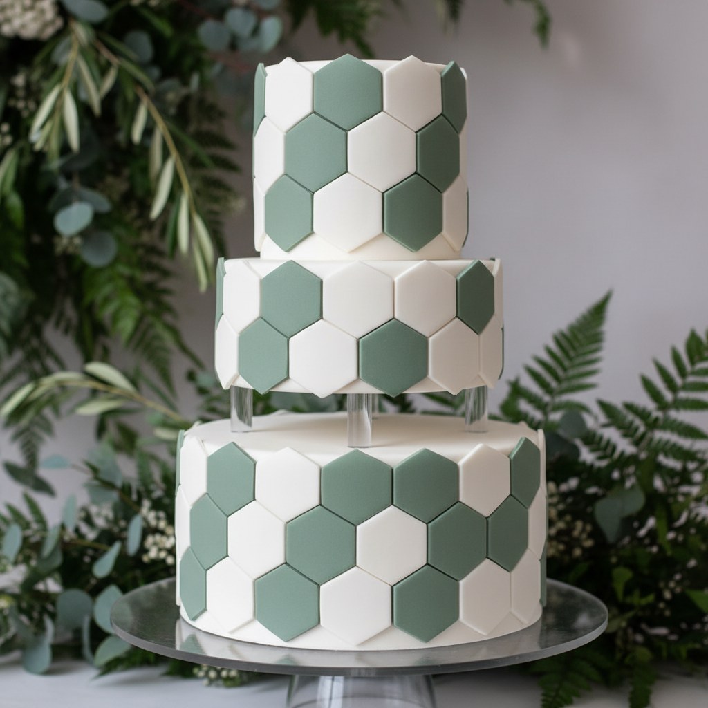 Geometrik desenli modern düğün pastası